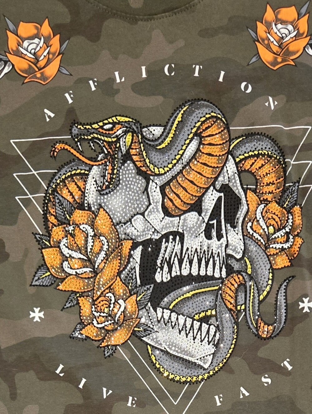 Affliction Olive Camo Reptile Skull Tee with Orange Accents
